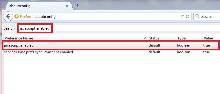 Search for javascript.enabled